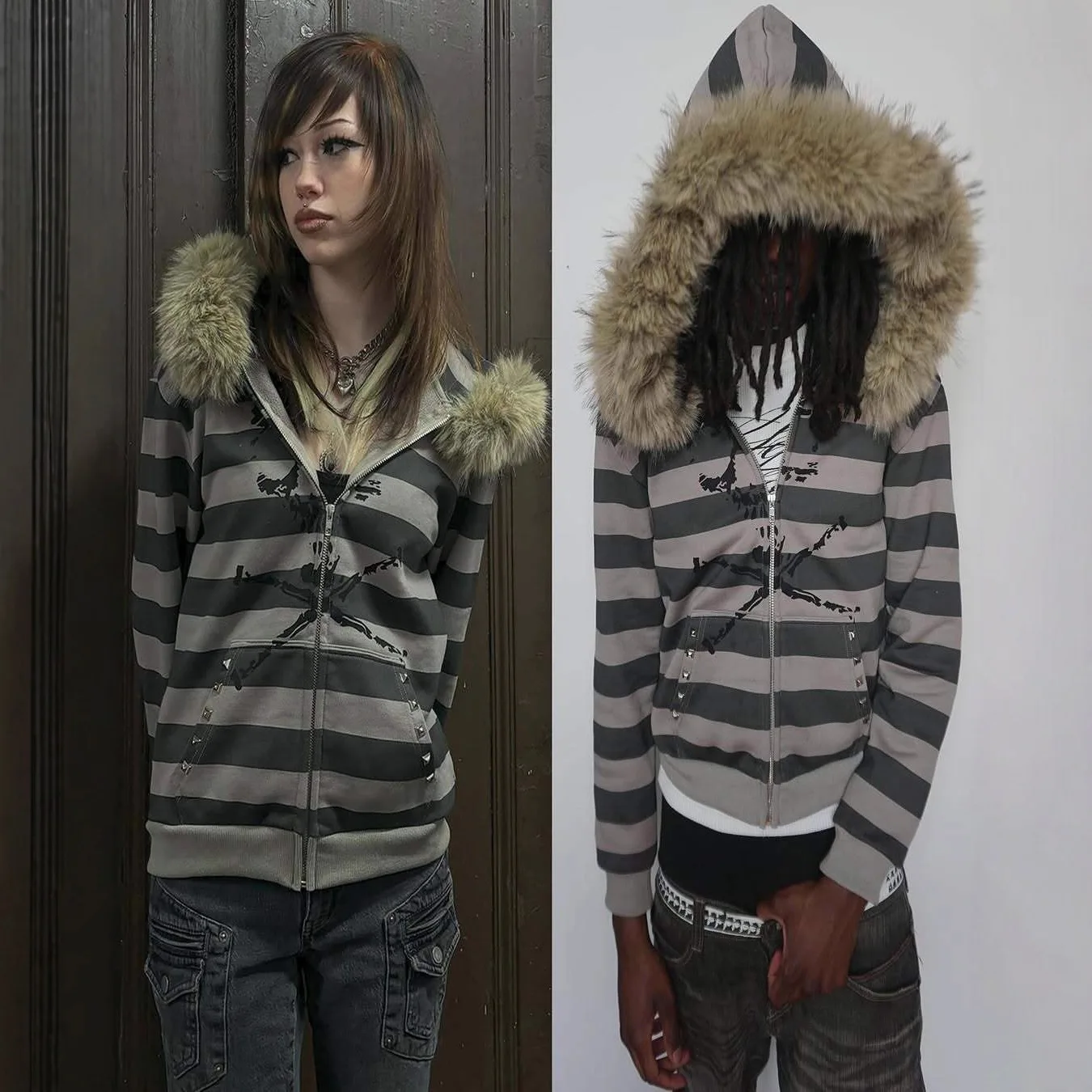New women's hoodie fur collar suitable both men and women fashionable striped printed long sleeved loose hooded sports hoodie