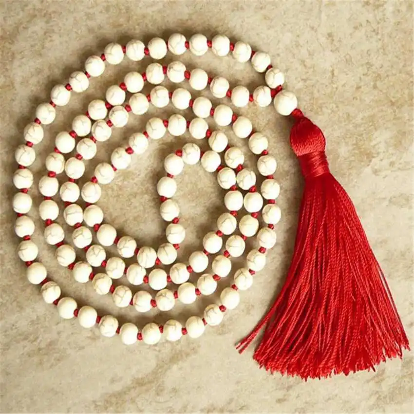 

Natural White Turquoise 108 Beads Mala Necklace with Red Tassel Spiritual Meditation Jewelry