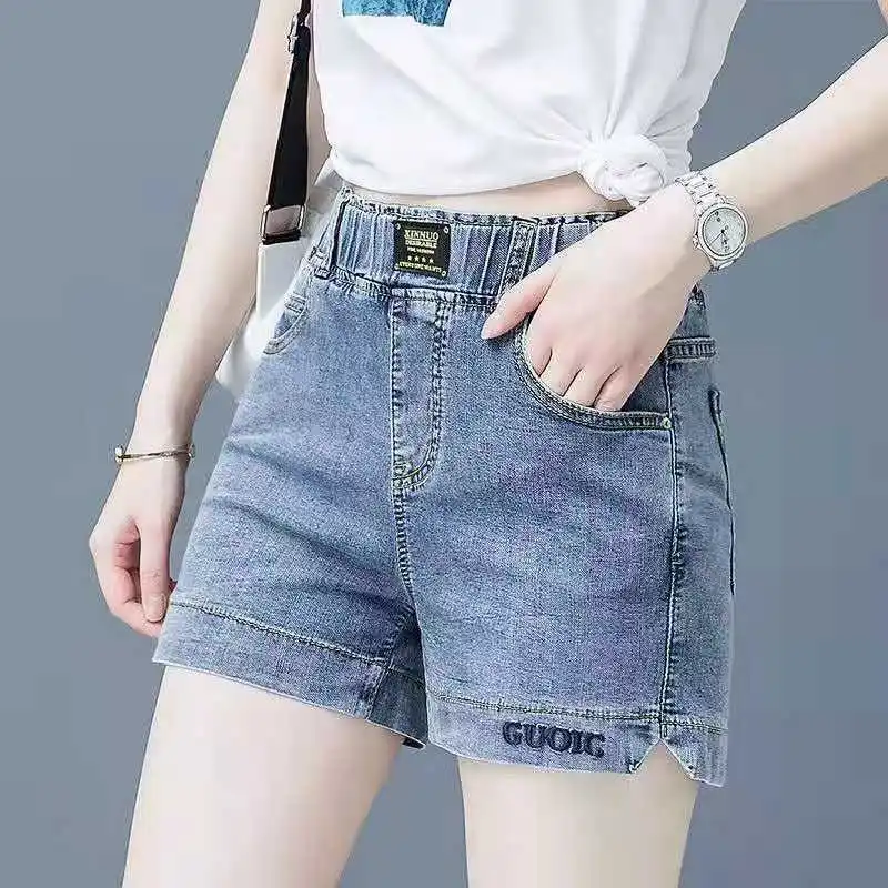 2024 Summer New High Waist Denim Shorts Women\'s Korean Edition Large Size Slim Elastic Wide Leg Pants Embroidered Hot Pants For