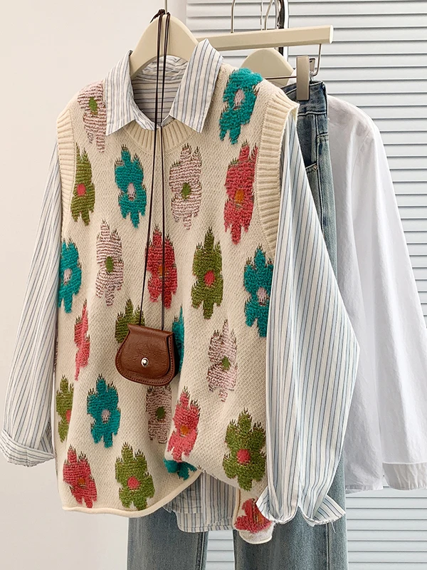 2025 가을 겨울 플러스 사이즈 여성용 라운드 넥 풀오버 베스트 탑 아젤 플로럴 자수 스웨터 자켓