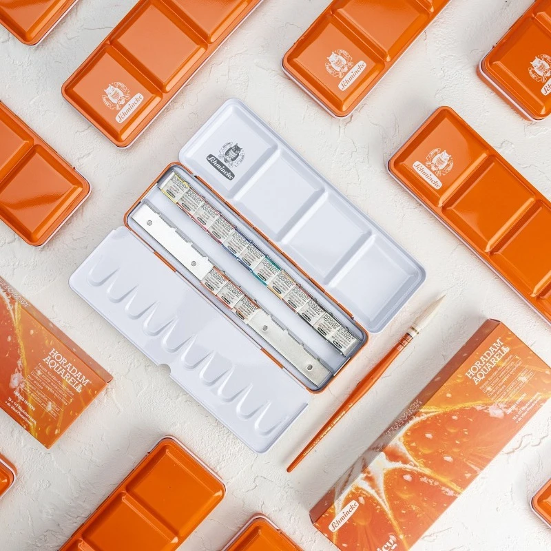 Schmincke HORADAM AQUARELL 15 Half Pans Watercolor Paint Orange Metal Tin with Da Vinci Brush Artist Fine Watercolor Set