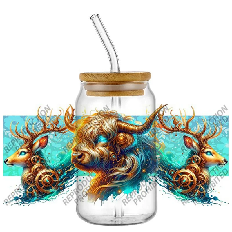 Steampunk Golden Gear Animal UV DTF Cup Wrap Stickers Waterproof No Heat Transfer for 16oz Libbey Glass Can Tumbler Decal