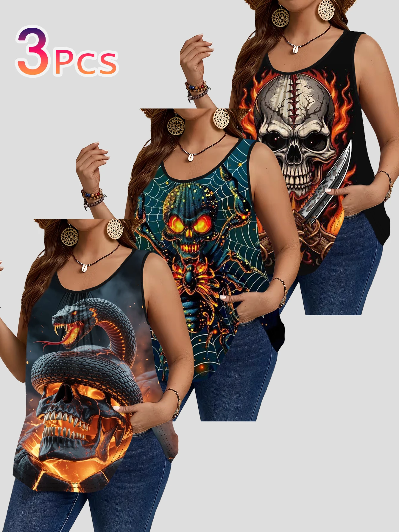 3-Piece Set of Plus-Size Sleeveless Vests with Flame, Skull, Spider, and Snake Dark Prints, Trendy and Unique Loose-Fitting Tank Tops That Cover the Body