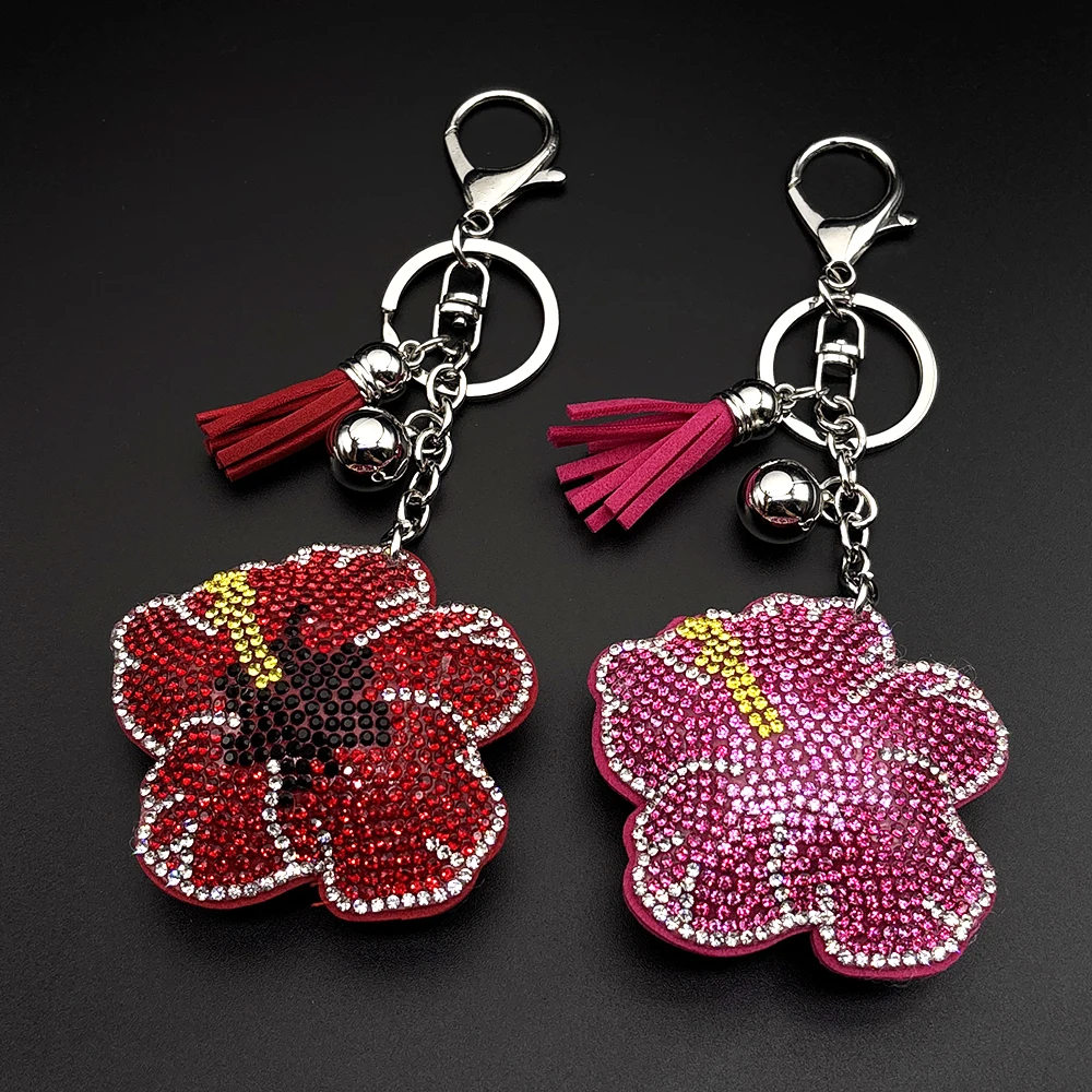 Hawaiian Tropical Flower Hibiscus Keychain Women Men Tassel Full Rhinestone Crystal Accessory Summer Beach Keyring Jewelry