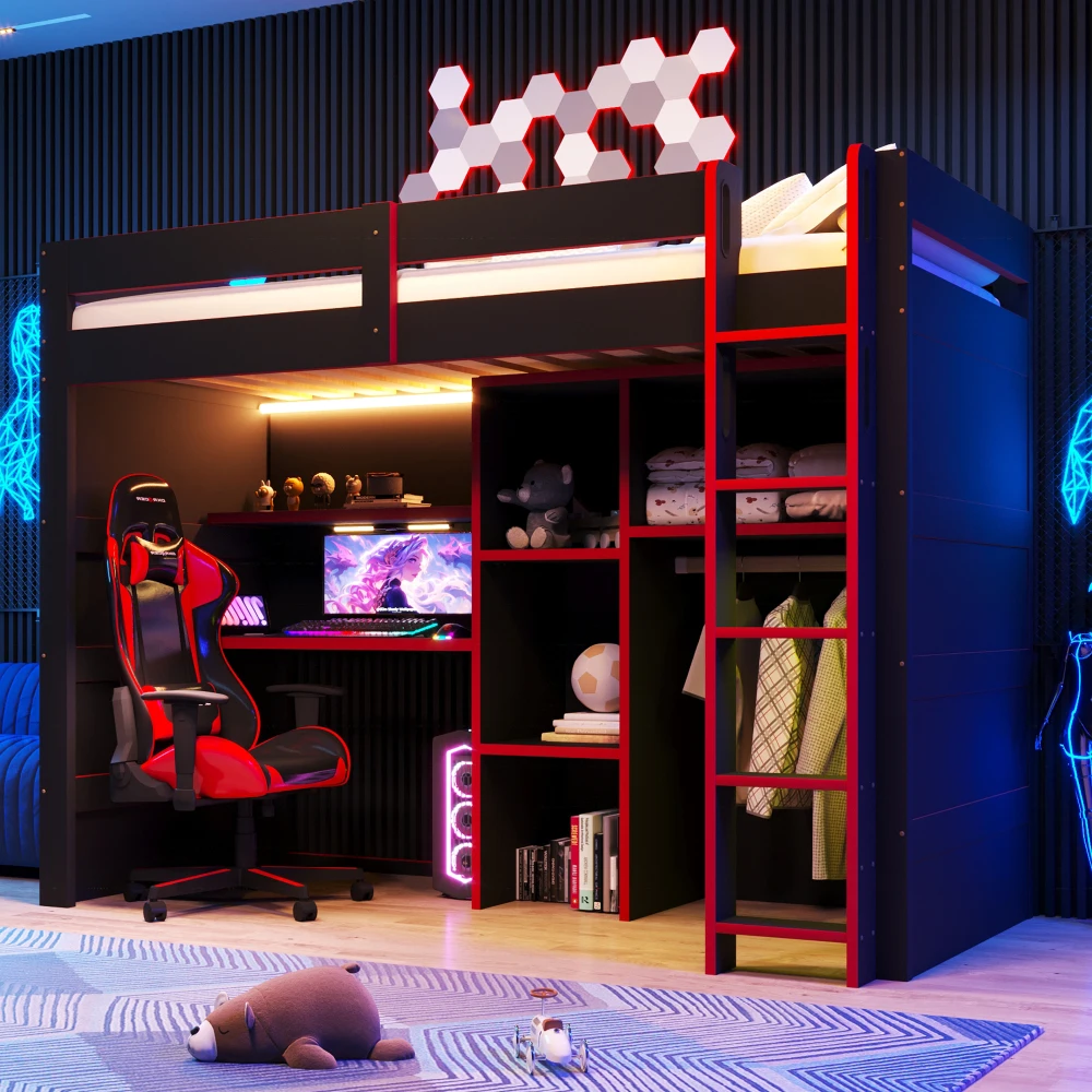 90x200cm Holz-Gaming-Hochbett, Multifunktionales Loft-Bett mit integriertem Schreibtisch, Kleiderschrank & mehrstufigen Staufächern, Schwarz & Rot, moderne Schlafzimmermöbel