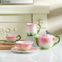 European Creative Flower Mug Couples Afternoon Tea Ceramic Coffee Cup Set Office Kungfu Tea Set Home Drinking Set Friend Gift