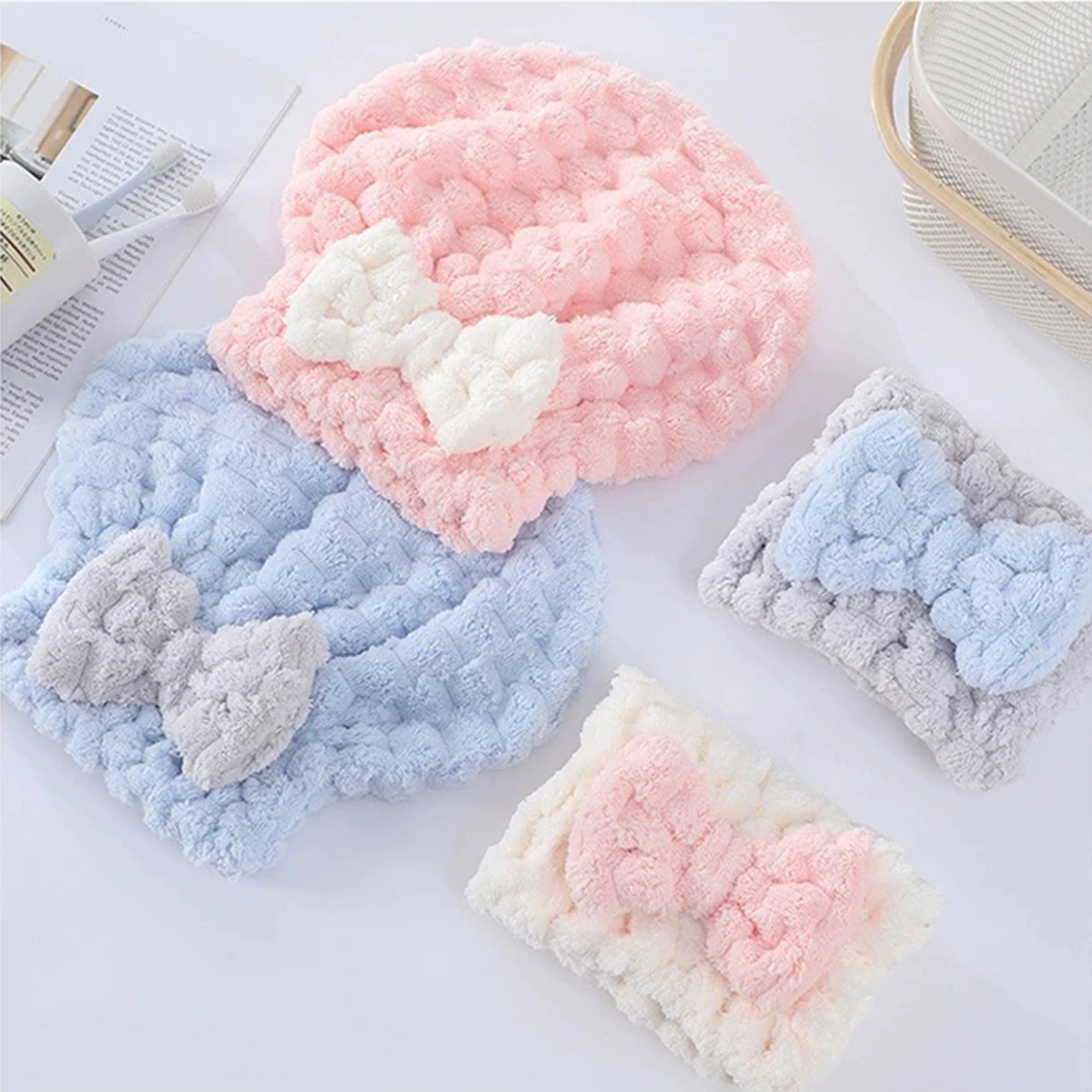 Gorro de secado de pelo de forro polar coral, turbante grueso con lazo, gorro de baño de secado rápido, súper absorbente sin goteo, práctico para el hogar de las mujeres