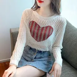 Pink Heart-shaped Rhinestone Hollowed Out Sunscreen Knitted Sweater Women Spring 2024 Stylish and Youthful Design Trendy Top