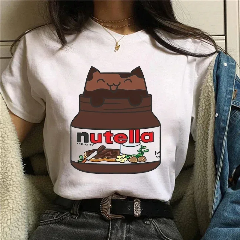 Damska koszulka z nadrukiem Nutelli w stylu kawaii, modna koszulka Harajuku z uroczym kreskówkowym motywem, koreańska bluzka, odzież damska