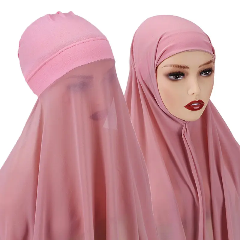 بونيه نسائي إسلامي + شال شيفون، غطاء رأس داخلي سريع، عصابة رأس حجاب مطاطية، غطاء رأس توربان - 2