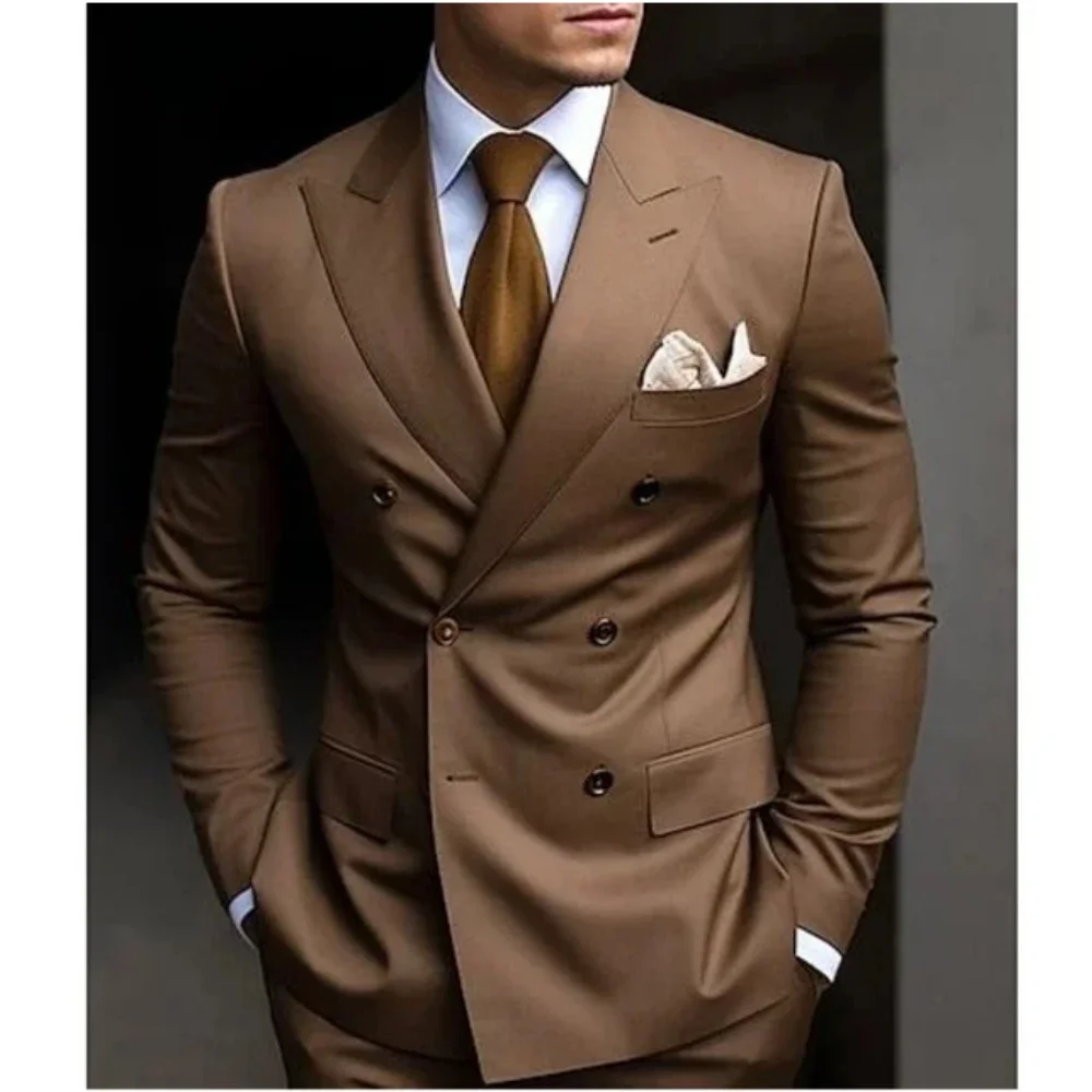 Men's solid color fashion dress set 2-piece daily double-breasted formal business suit