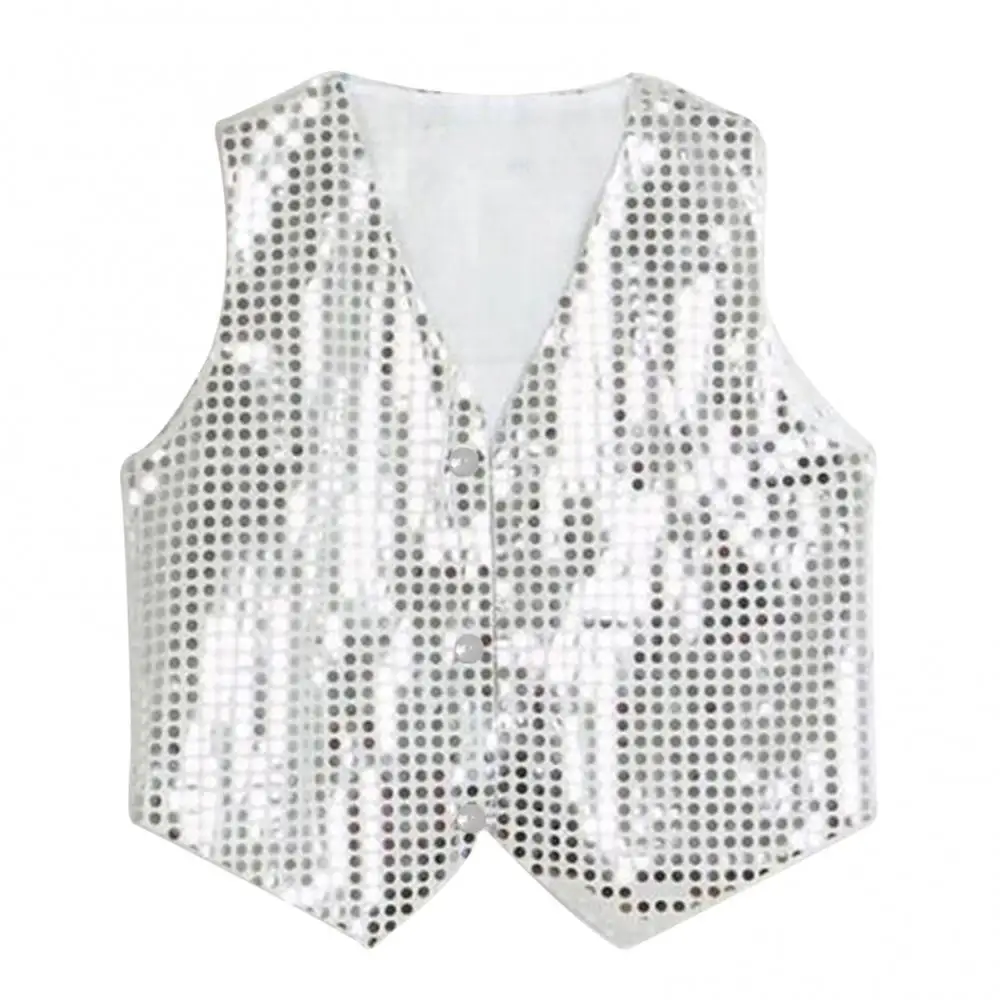 1Pc Formal Boys Girls Sequined Vest V-neck Soft Kids Waistcoat Fiber Fabric Hip-hop Dance Party Street Show Costume for Party