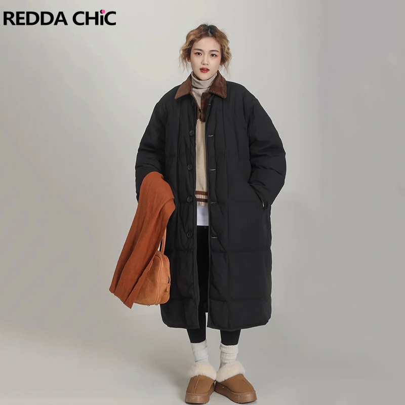 REDDACHiC Women Black Cotton Padded Coat Casual Loose Detachable Lapel Button Down Puffy Long Quilted Jacket Winter Outerwear