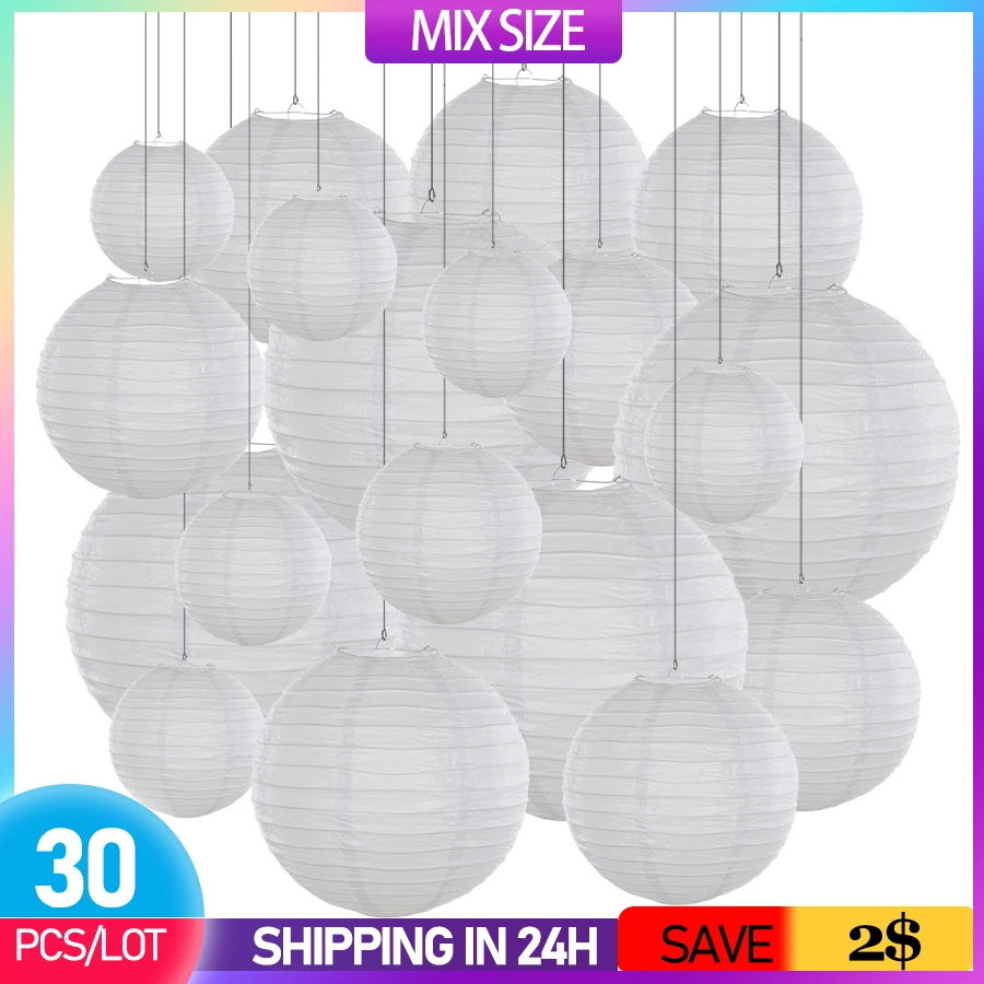 Lampion boule de papier chinois, 30 pièces/lot, 4 en-12 en effet, mélange de tailles, blanc, décoration de mariage, lanternes en papier, abat-jour,