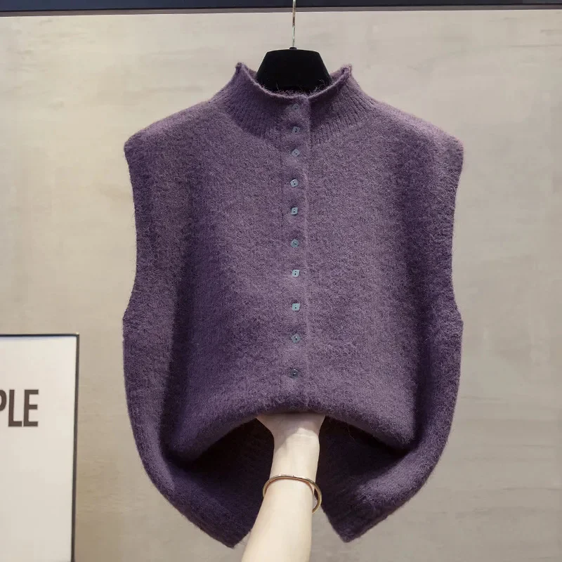 

Новый весенне-осенний женский вязаный свитер с полувысоким воротником, жилет, модная повседневная универсальная женская куртка без рукавов, жилет