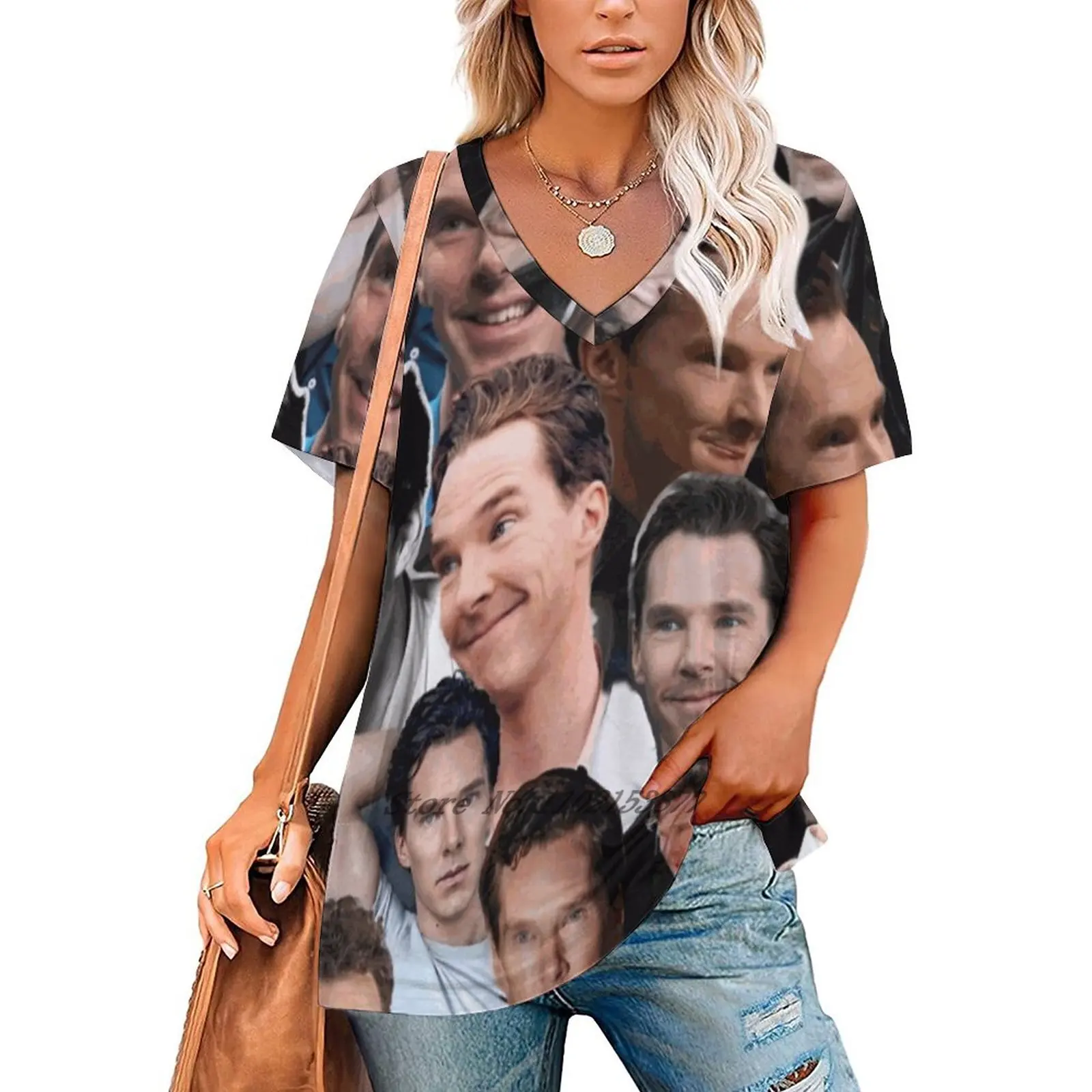 Benedict Cumberbatch Collage Woman Tshirts Printed Tops Zipper V-Neck Top Fashion Graphic T Shirt Benedict Cumberbatch Benedict