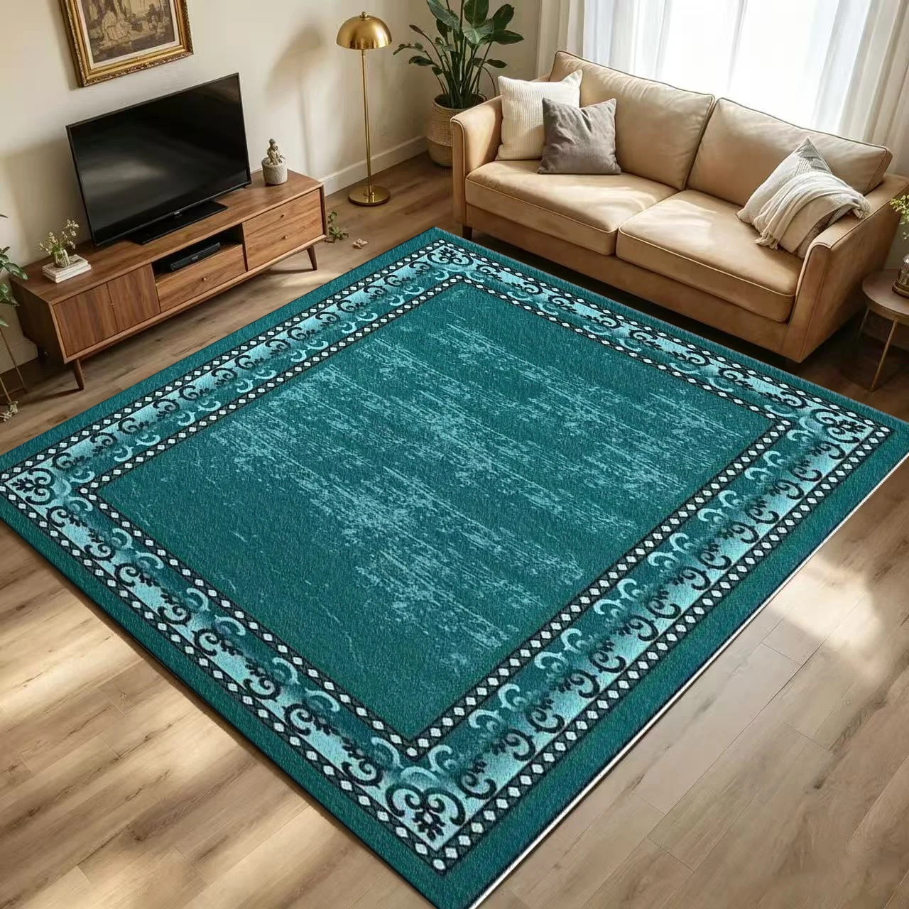Vintage Distressed Teal Area Rug Retro Ornate Scroll Border Floor Carpet for Living Room Bedroom Office Home Decor