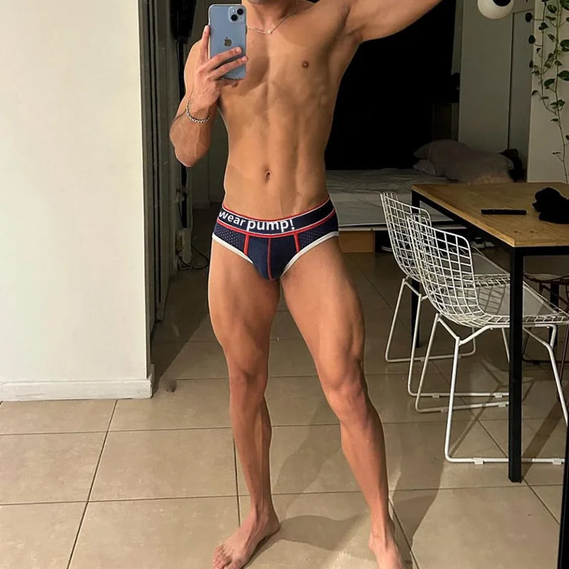 5389 Men's Sexy Low Waist Mesh Nylon Briefs, Breathable Slim Fit Sports Underwear with Cotton Gusset & Butt Lifting 502009