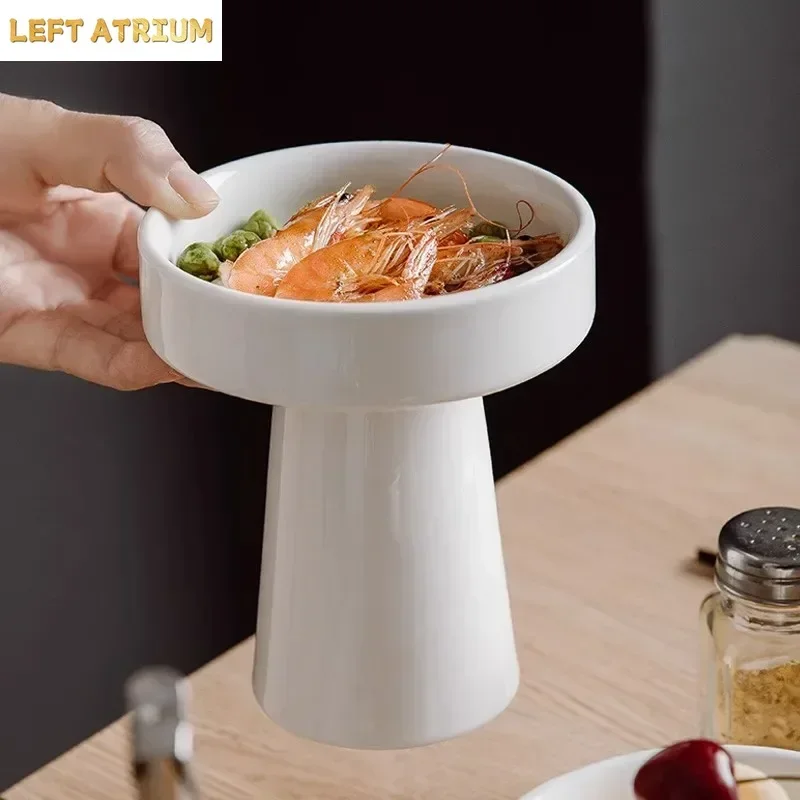 Pure White Ceramic Tall High Foot Plate Hotel Restaurant Creative Dishes Cold Vegetable Bowl Tea Point Dim Sum Display Plate