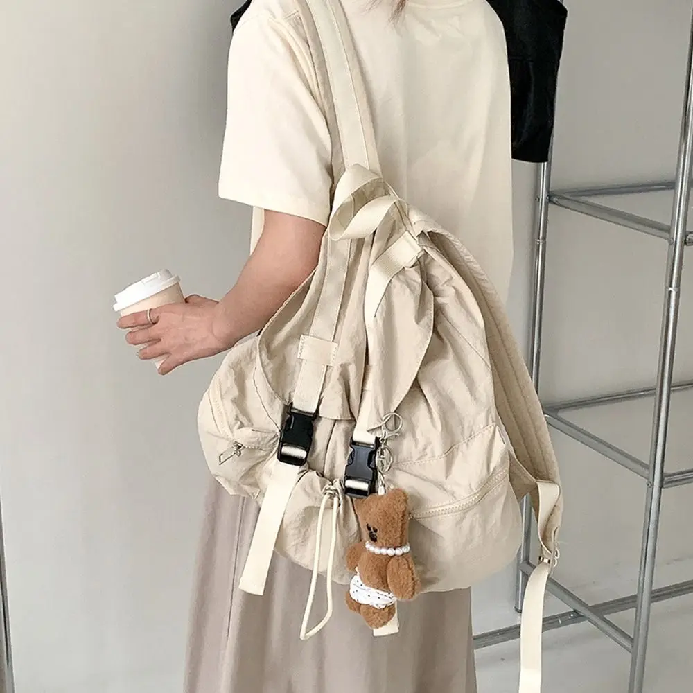 

Trendy Solid Color Drawsting Backpacks Light Weight Large Capacity Ruched Shoulder Bags Nylon Casual Student Schoolbag Outdoor