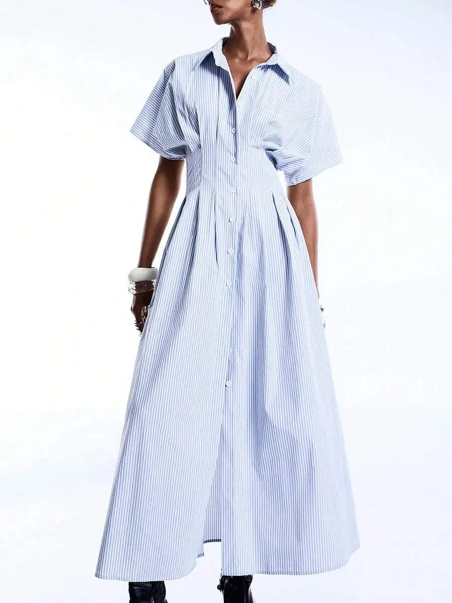 Minimalist Striped Button Front Long Shirt Dress For Women Casual Summer Maxi Dress