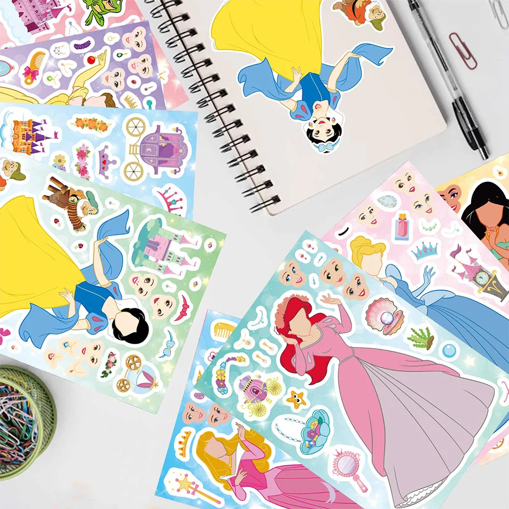 

8/16sheets Make Your Own Disney Princess Puzzle Stickers Cartoon Girl Make a Face Decals Kid Assemble Jigsaw DIY Toy Party Gifts