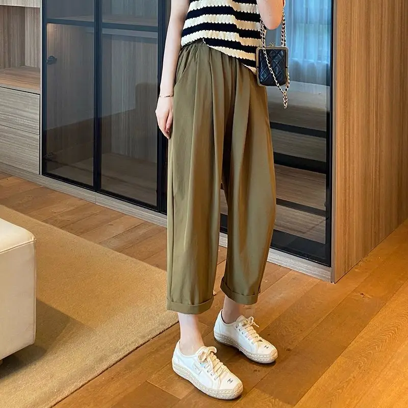 Spring Autumn Women\'s Clothing Casual Elastic High Waisted Pockets Solid Color Fashionable Retro Straight Vintage Trousers Pants