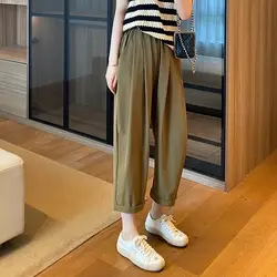 Spring Autumn Women's Clothing Casual Elastic High Waisted Pockets Solid Color Fashionable Retro Straight Vintage Trousers Pants