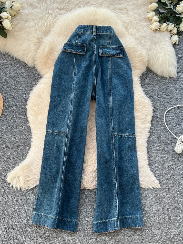 الرجعية هونغ كونغ Sle عالية الخصر واسعة الساق الجينز المرأة فضفاضة التخسيس الدنيم مستقيم الساق السراويل الخريف الشتاء تصميم Faion