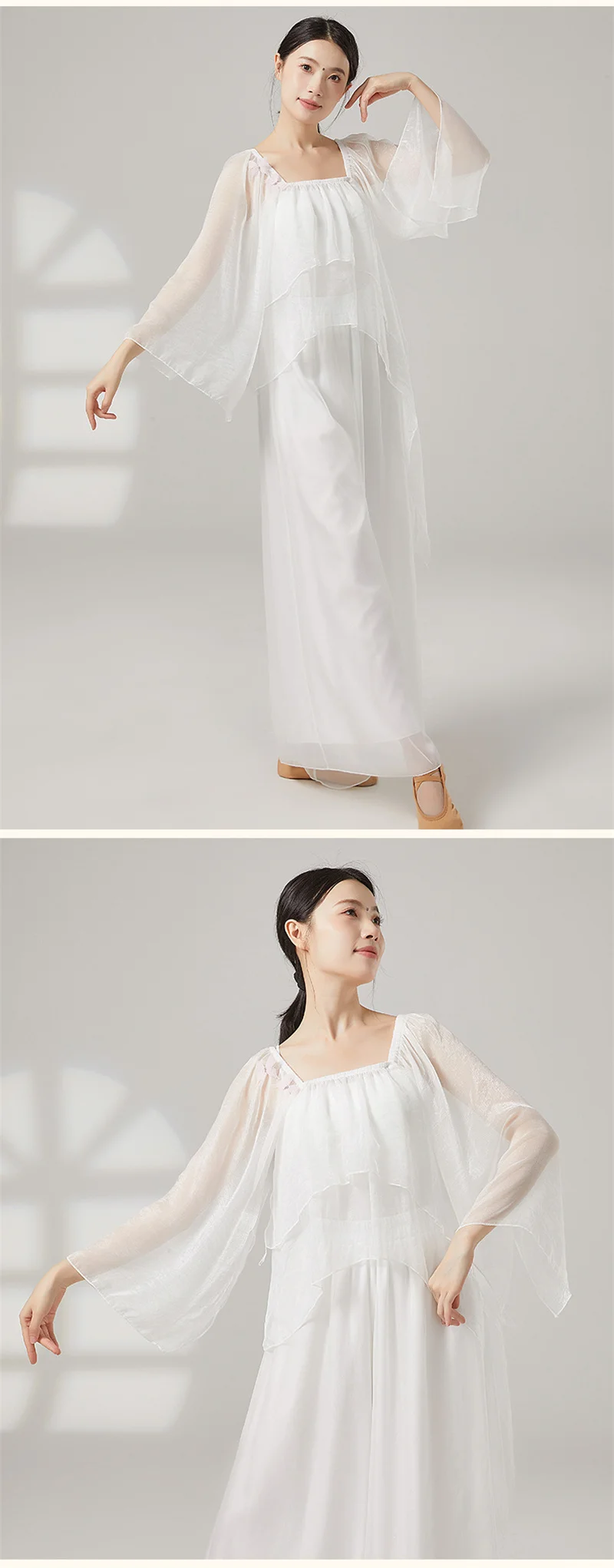Damen-Oberteil für klassischen Tanz, durchsichtig, locker sitzende Chiffon-Bluse mit fließenden Ärmeln, chinesisches Volkstanz-Übungskostüm für Bühnenauftritte – Detail 3