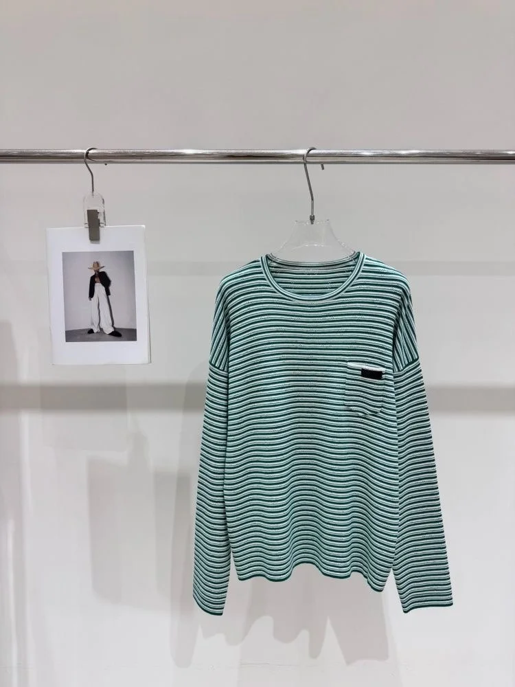 Casual Stripe Long Sleeve Knitted Sweater Women's round Neck Loose Versatile Design Sensation  Fashion Top