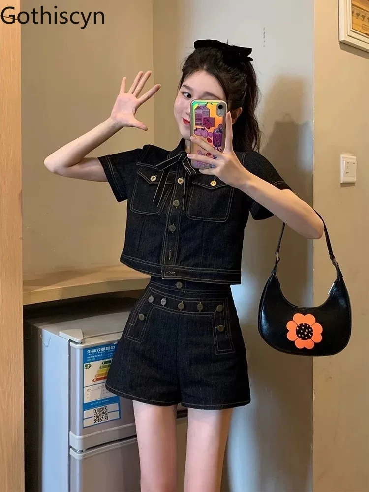 

Gothiscyn Denim Suit Women's Summer Casual Short-sleeved Jacket High Waist Wide Leg Shorts Two-piece Set Fashion Female Clothes
