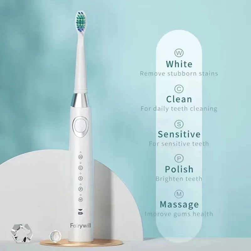 Fairywill Adult Electric Toothbrush Sonic Waterproof 5 Modes USB Rechargeable With Replacement Brush Heads Smart Timer FW-2306
