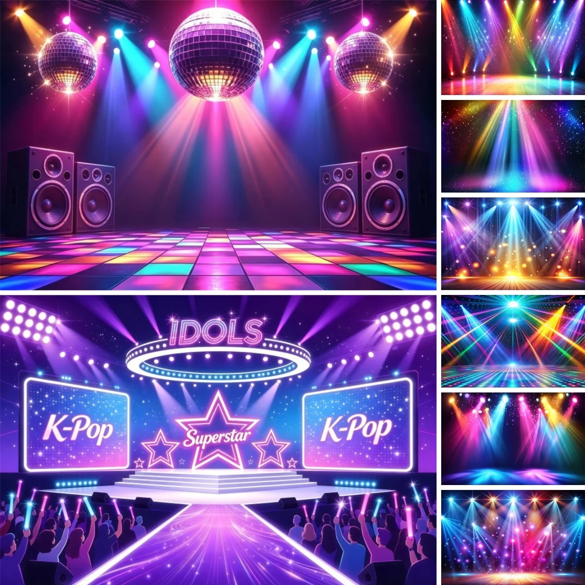 Fond de scène néon pour photographie, décor futuriste électronique, style années 80-90, rock, K-pop, pour fêtes et événements