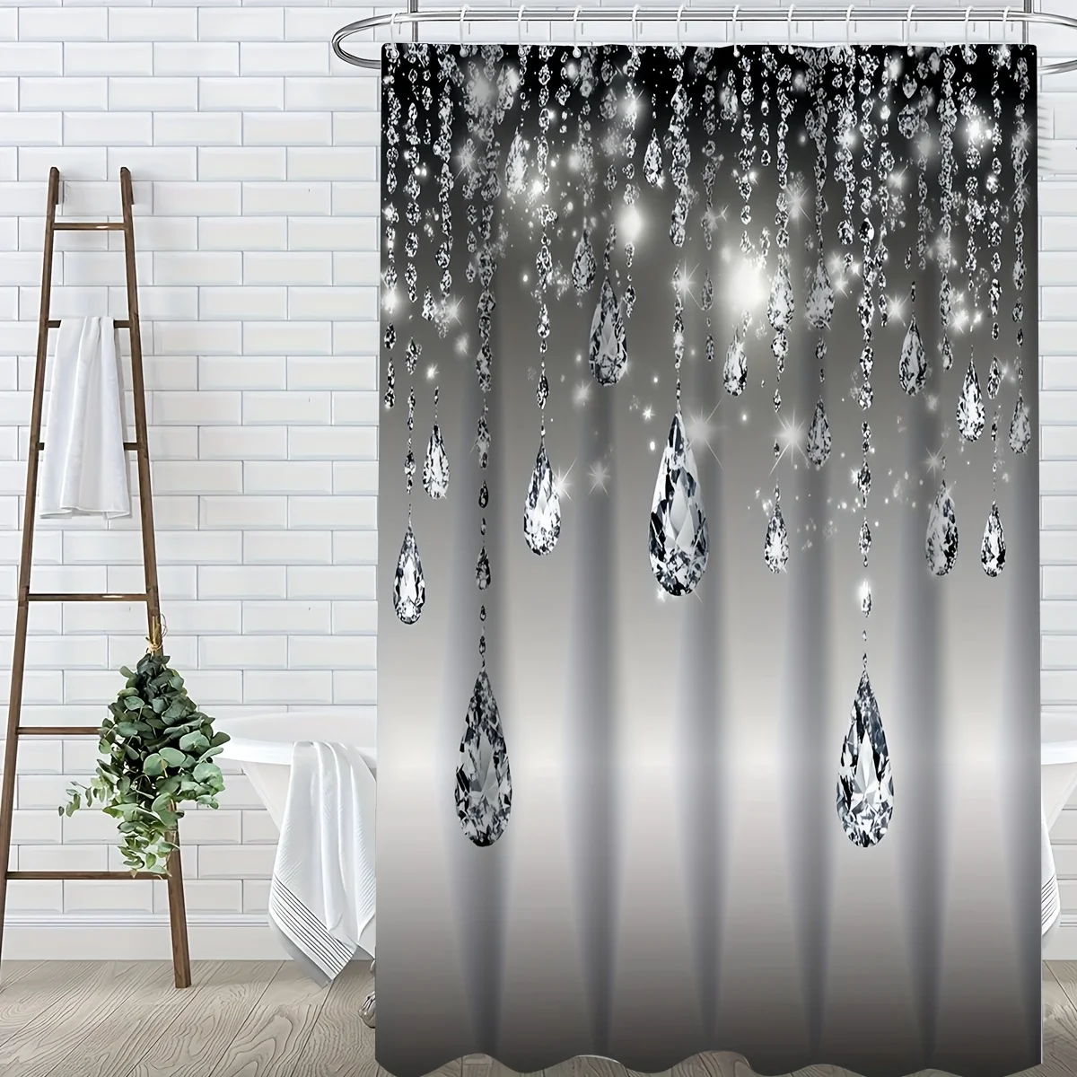 Crystal Chandelier Sparkle Shower Curtain Machine Washable All Season Waterproof Privacy Protection Free Hooks Included