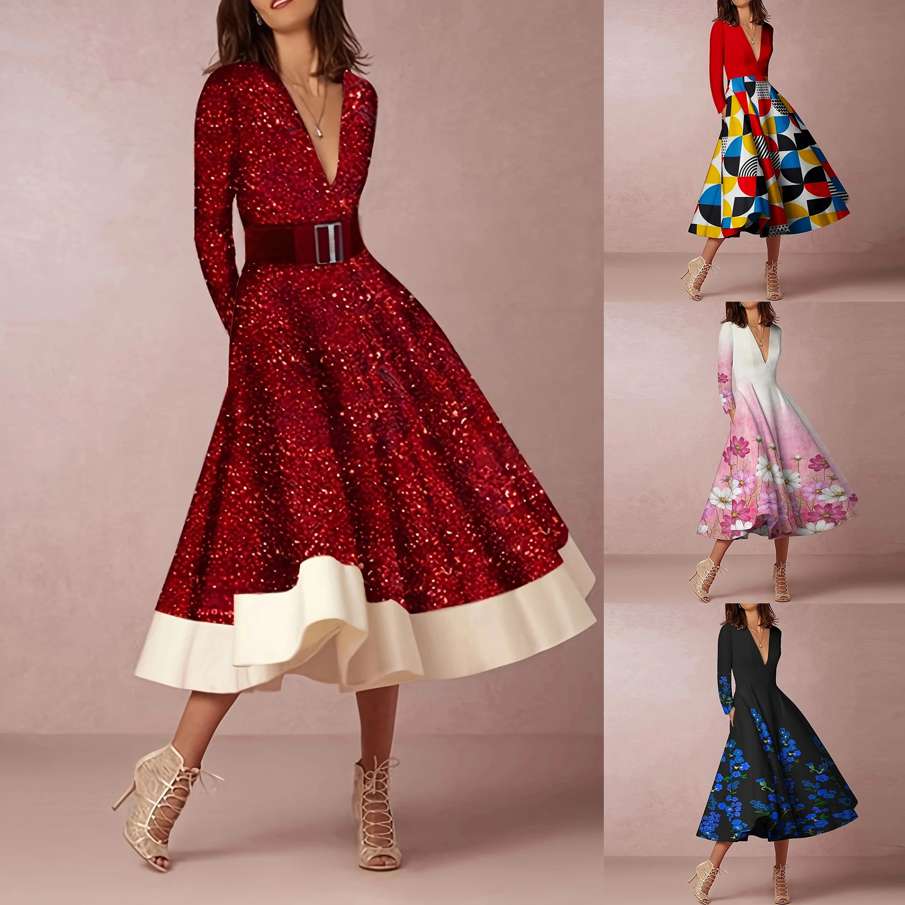 

Women Elegant V Neck Full Sleeve Floral Print A Line Dress Lady Casual Party Swing Dresses