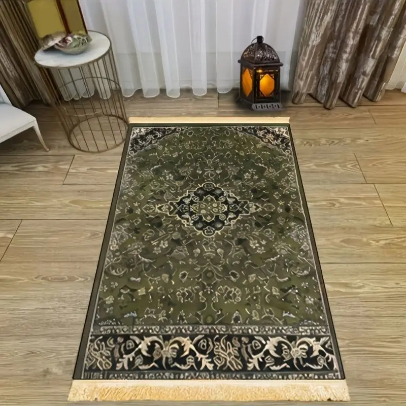 VIKAMA Retro Dark Green Persian Arch Prayer Carpet, Durable & Non-Slip, Elegant Kneeling Mat for Mosque Pilgrimage