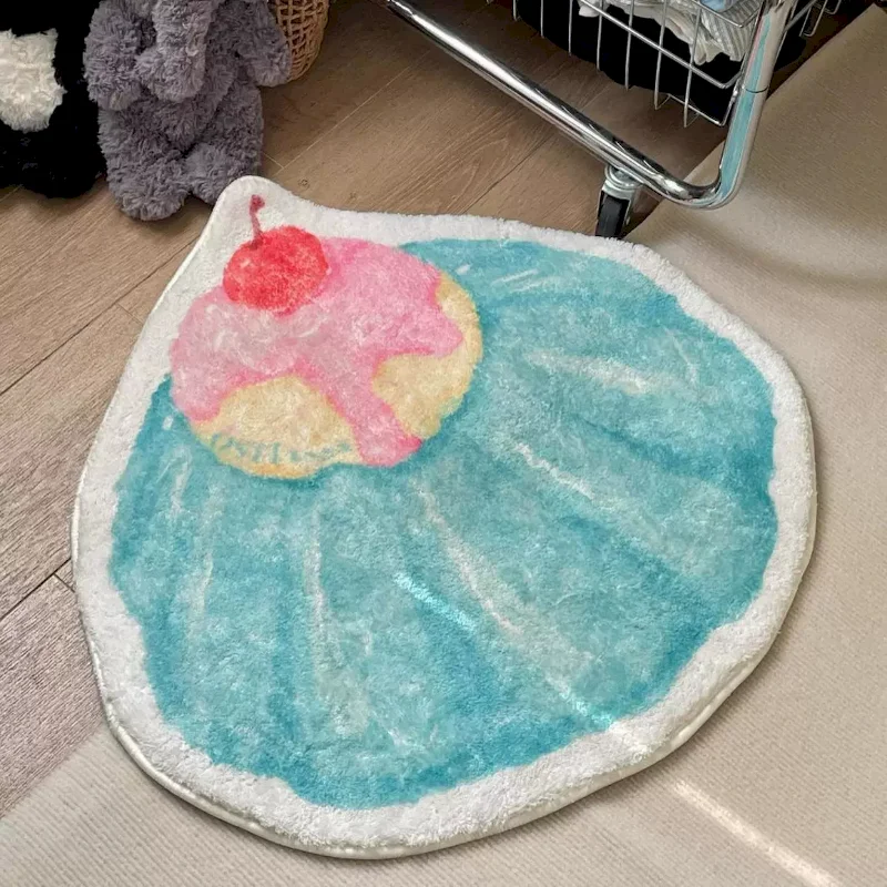 VIKAMA Christmas Round Rug Soft Plush Shaggy Non Slip Washable Blue Puddings Jelly Cherries Dessert Decor Home