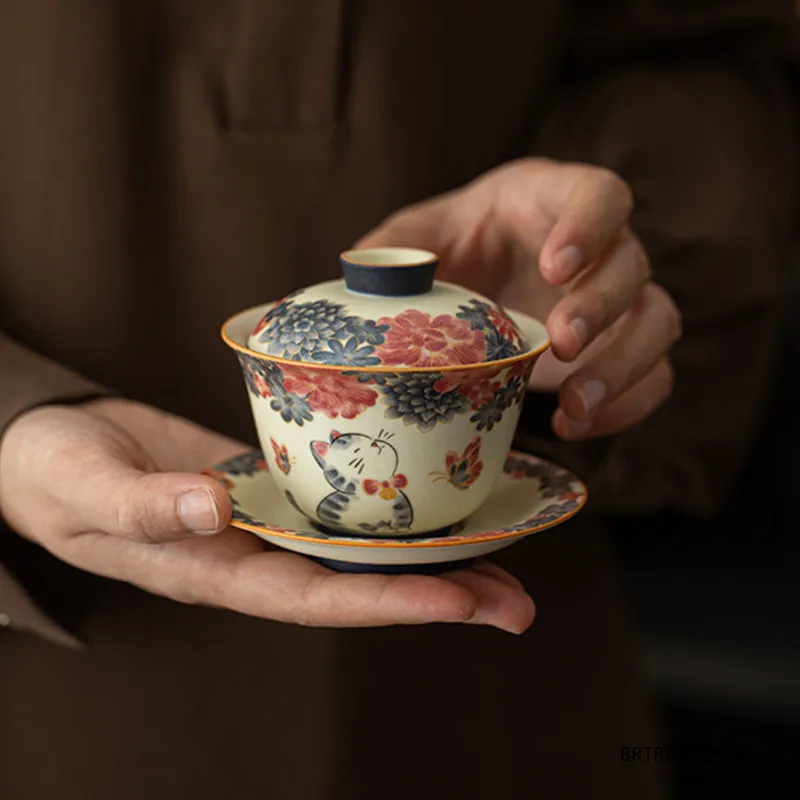 

120ml Chinese Cute Cat Flowers Gaiwan Teacup Traditional Handmade Ceramic Tea Tureen Household Tea Bowl Travel Portable Teaware