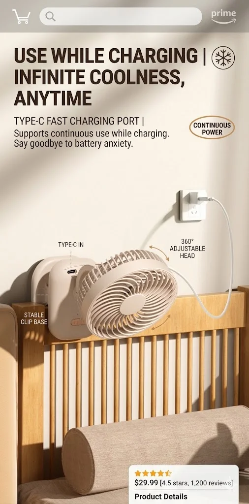 Clip-Ventilator, Kinderwagen-Ventilator, 1800mAh wiederaufladbarer tragbarer Ventilator mit 4 Geschwindigkeiten, 120° ° Automatisch oszillierender Tischventilator – Detail 18