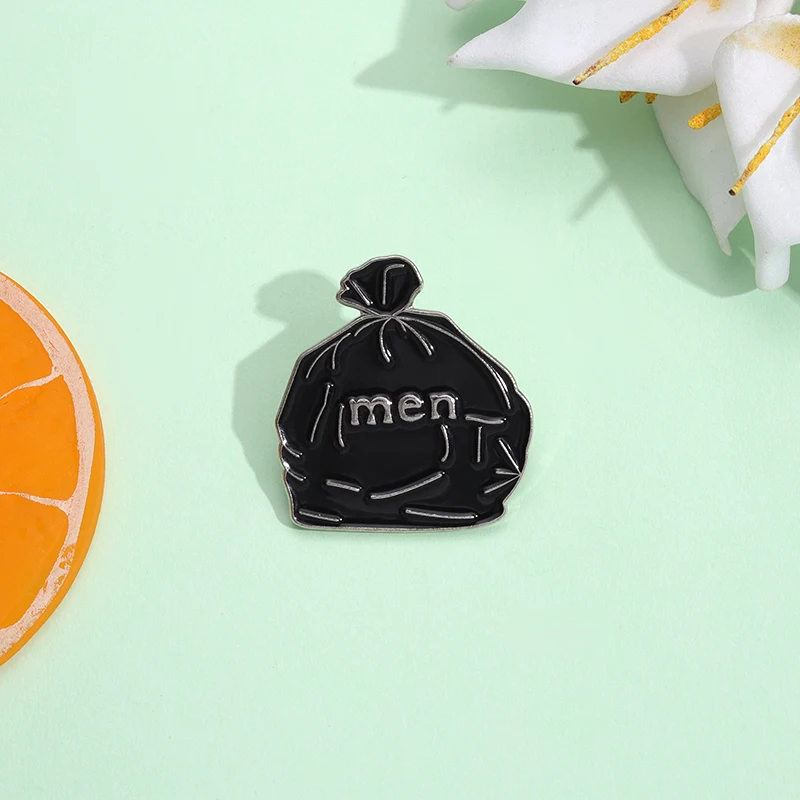 Custom Men Are Trash Enamel Pins Black Garbage Bag Brooches Metal Art Creativity Lapel Backpack Badges Accessories Jewelry Gifts