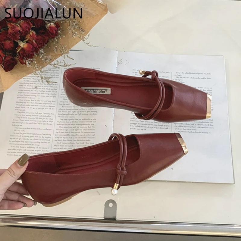 SUOJIALUN 2023 Autumn Women Flat Shoes Fashion Gold Square Toe Ladies Ballet Shoes Soft Casual Flat Dress Outdoor Mary Jane Shoe