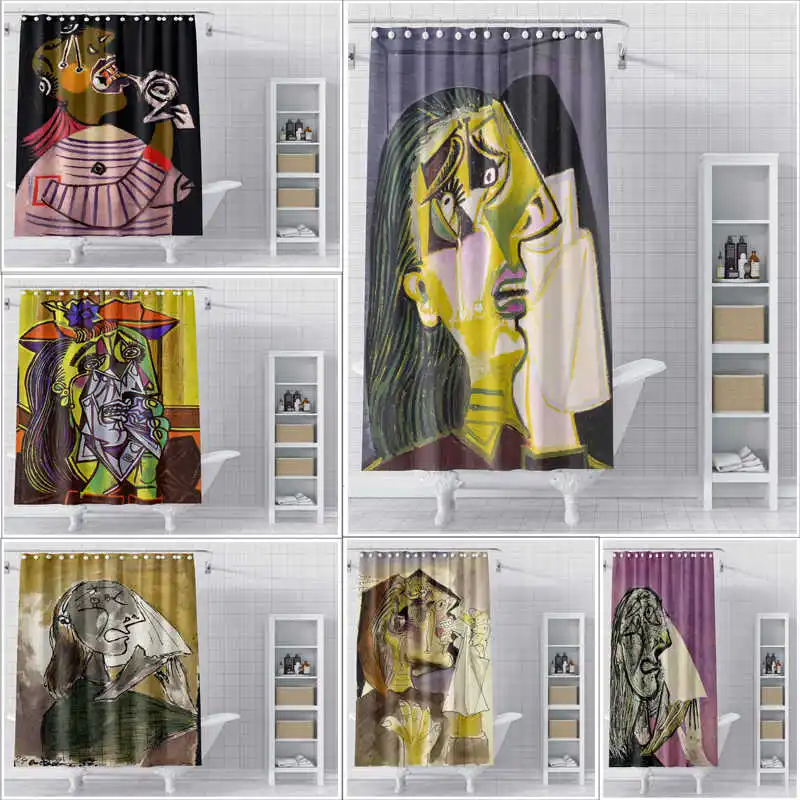 Eco-Friendly Cartoon Shower Curtain with Picasso Art Painting Non-Perforated and Thickened Bathroom Partition Curtain