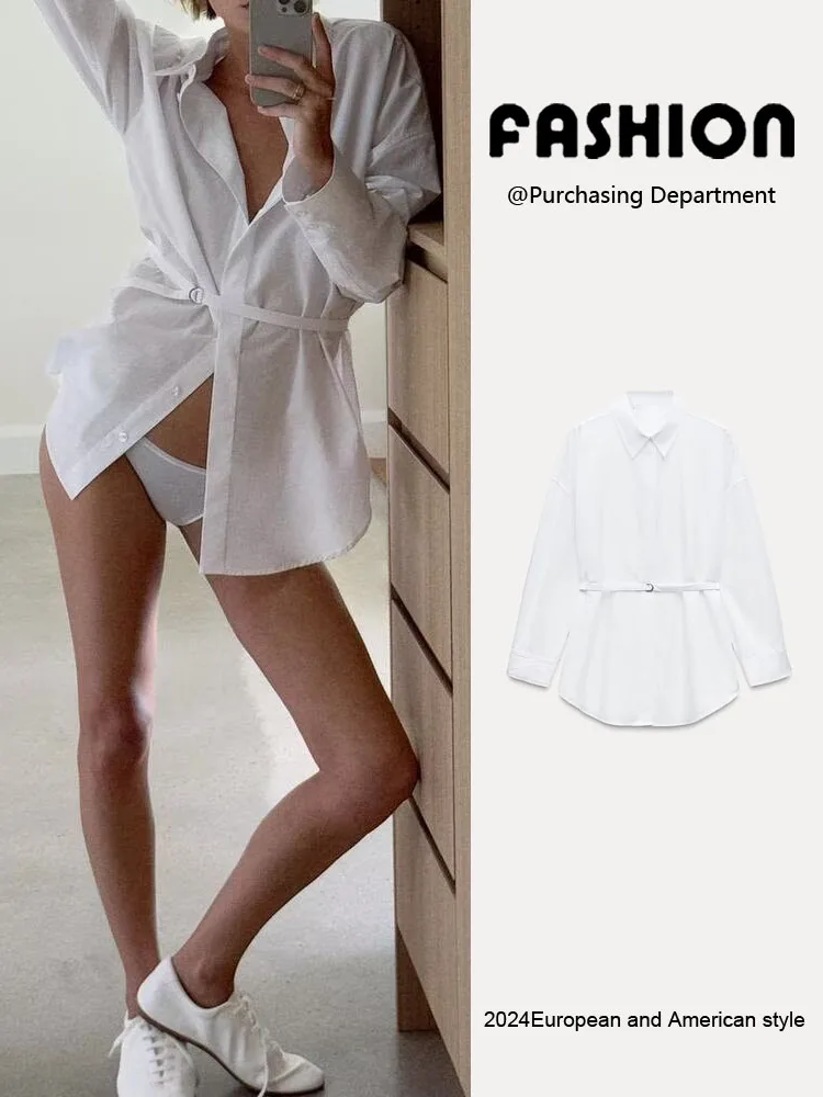 

Весенняя новинка: Женская блузка с простым отложным воротником, длинными рукавами, поясом для утяжки талии, шелковая, модель 229875