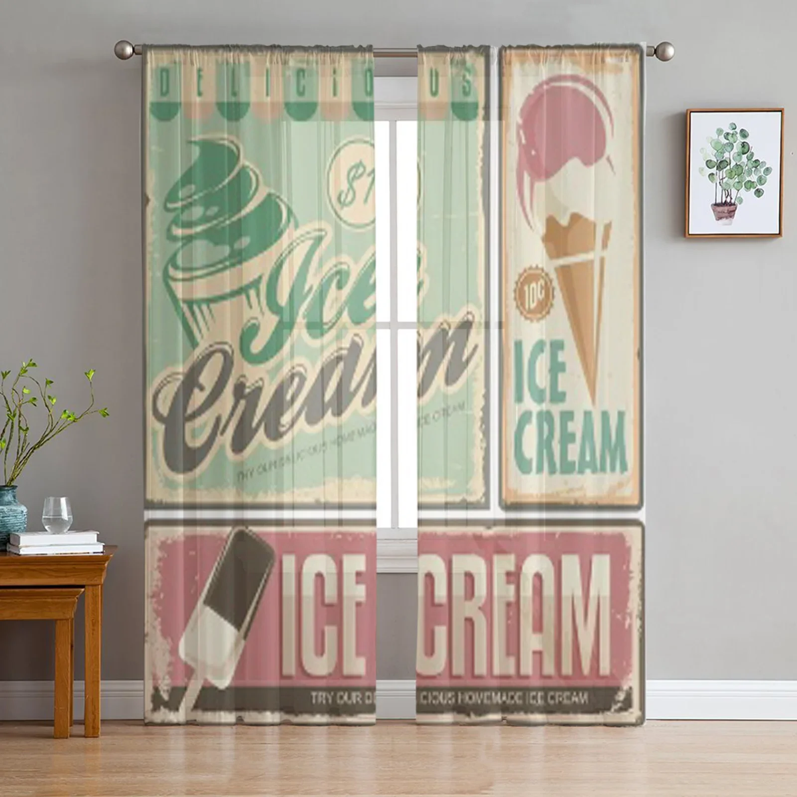 Ice Cream Vintage Metal Signs Set Bay Window Screening Curtains Drape Sheer Tulle For Living Room Bedroom Voile Organza Curtains