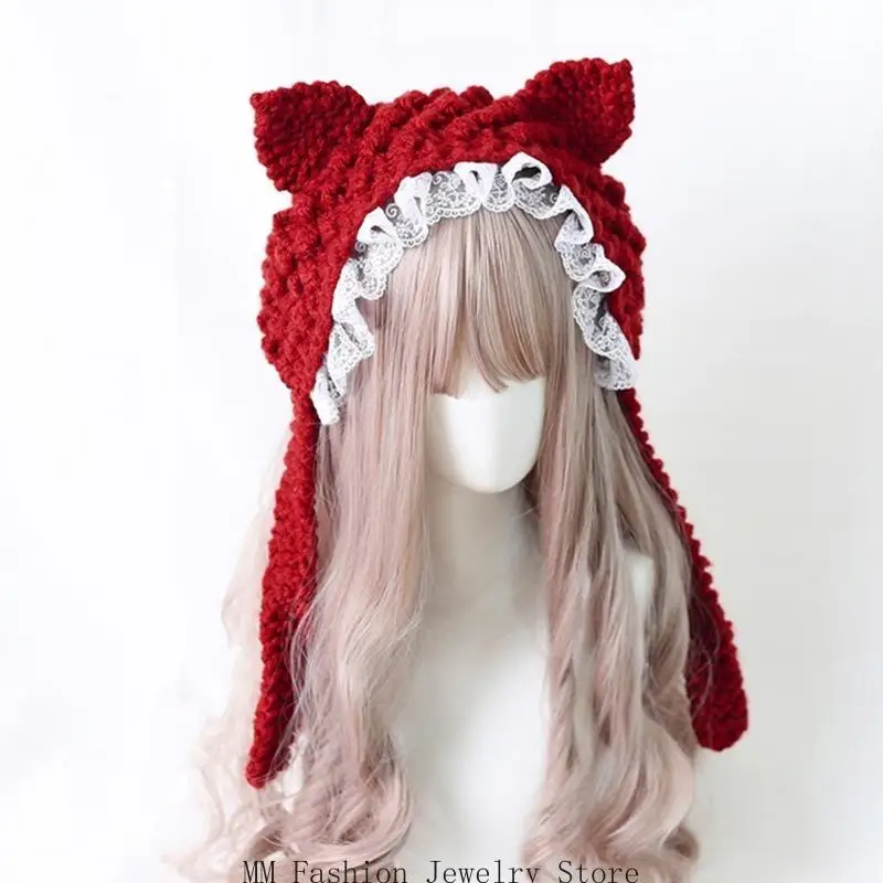 D0UB محبوك آذان القط قبعة الكرتون الدافئة Earflap قبعة الشتاء الانحناء قبعة الكروشيه #2