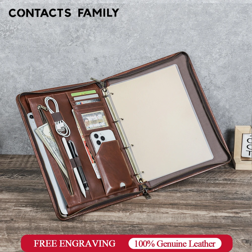 Genuine Leather Professional Business A4  Portfolio 4 Ring Binder with Paper Padfolio Pen Phone Holder Card Slots iPad 12.9 Case