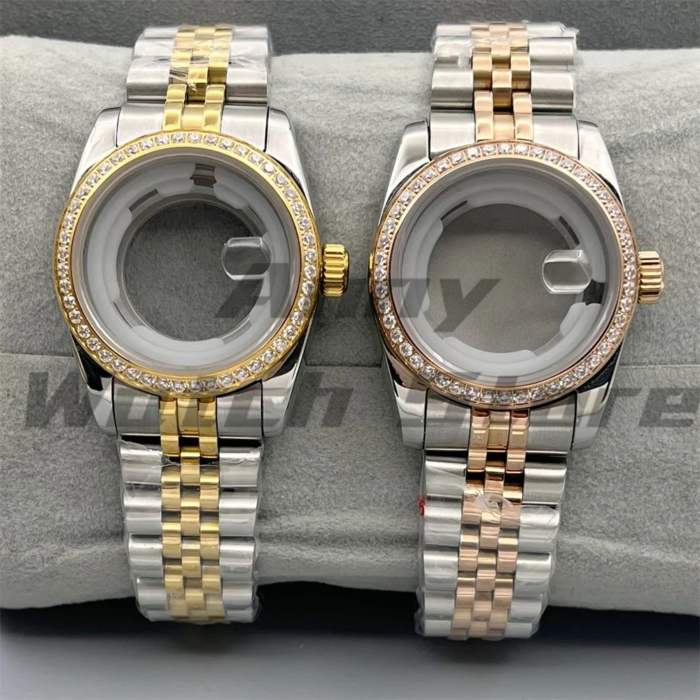 31mm Sapphire Glass Decorated Diamond Women Watch Case Two Tone Silver Gold Rose Gold Steel Strap With Fit NH05 Movement