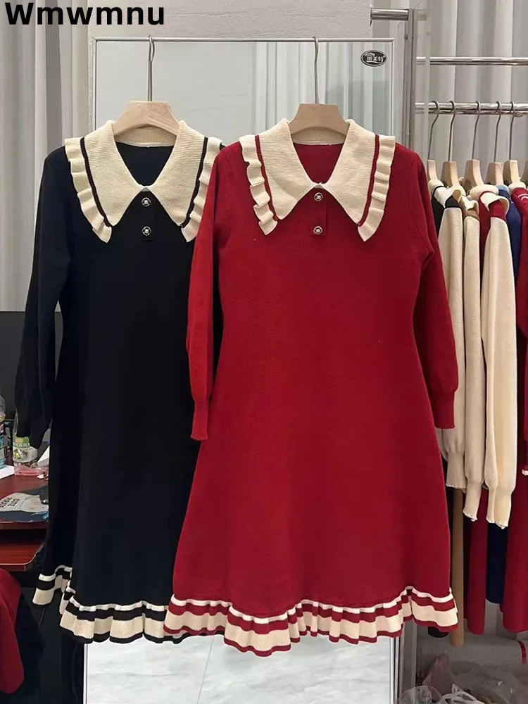 

Polo Collar Patchwork Midi Knitted Dress Korean Straight Soft Sweater Vestidos Korean Chic Baggy 2 Buttons Knitwear Robes Mujer