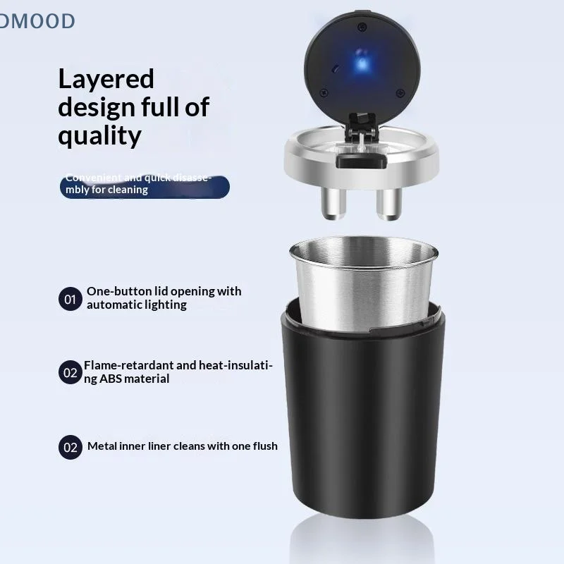 【CR】Car Ashtray Portable Smokeless Flame Retardant Alloy Liner LED One Touch Lid Ideal Driver Gift for Men